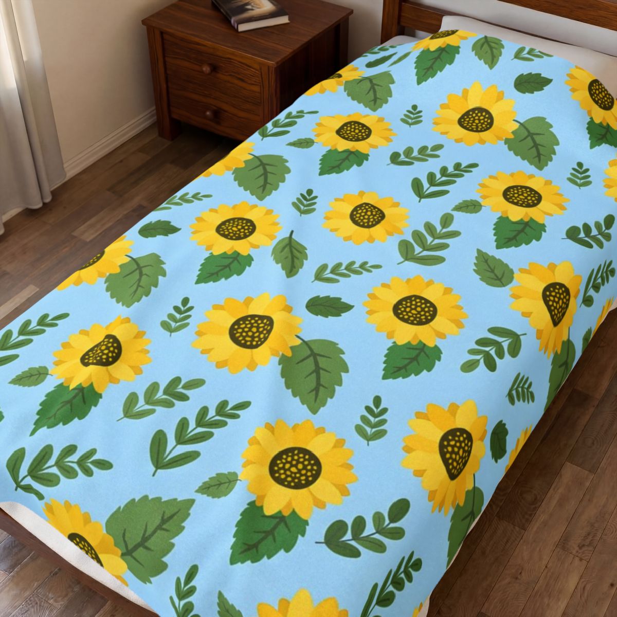 Sunflower Pattern Velveteen Plush Blanket spread on a bed