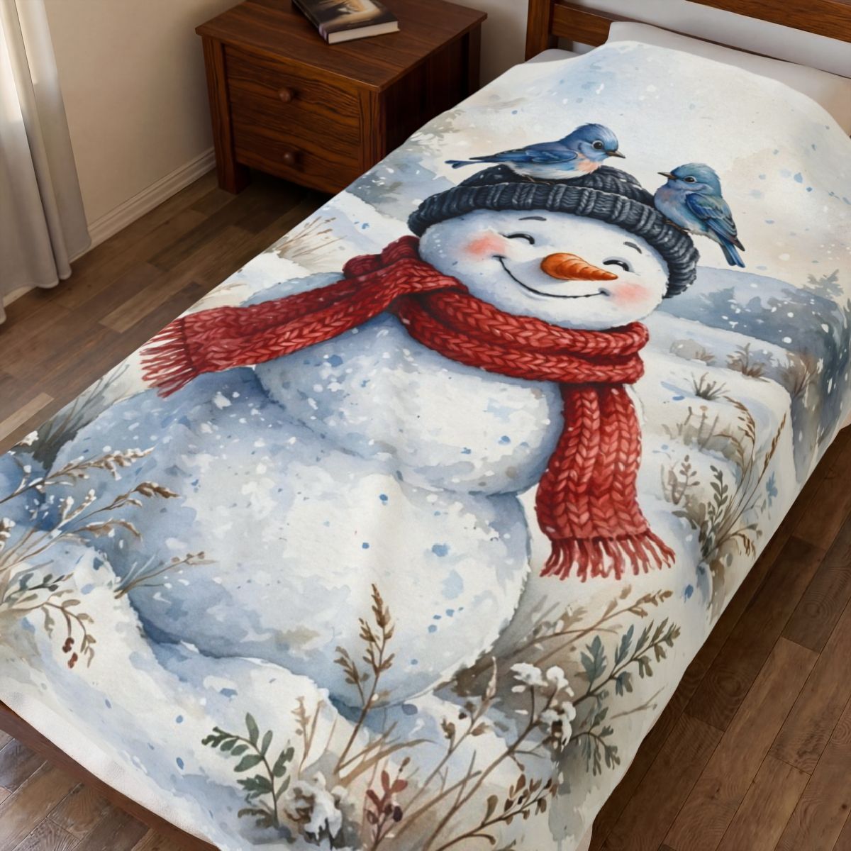 Winter Snowman and Bluebirds Velveteen Plush Blanket spread on a bed